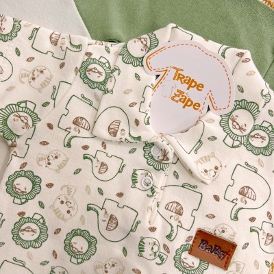 Conj. de Malha 3 peças - Leãozinho com Jubinha e Safari - Verde e Off White